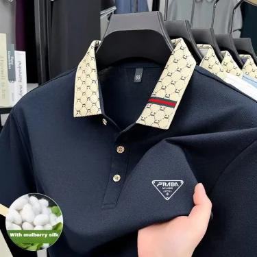 2025 New Men's Short Sleeve Polo Shirt, High-End Trendy Business Casual Blend (Silk/Ice/Linen/Cotton), Breathable & Soft 2