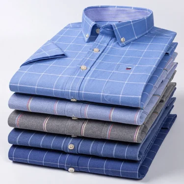 New Men's Social Shirt Short Sleeve 100% Pure Cotton Oxford Soft Buttoned Plaid Formal Male Clothes Pocket Social Shirt S-7XL 1