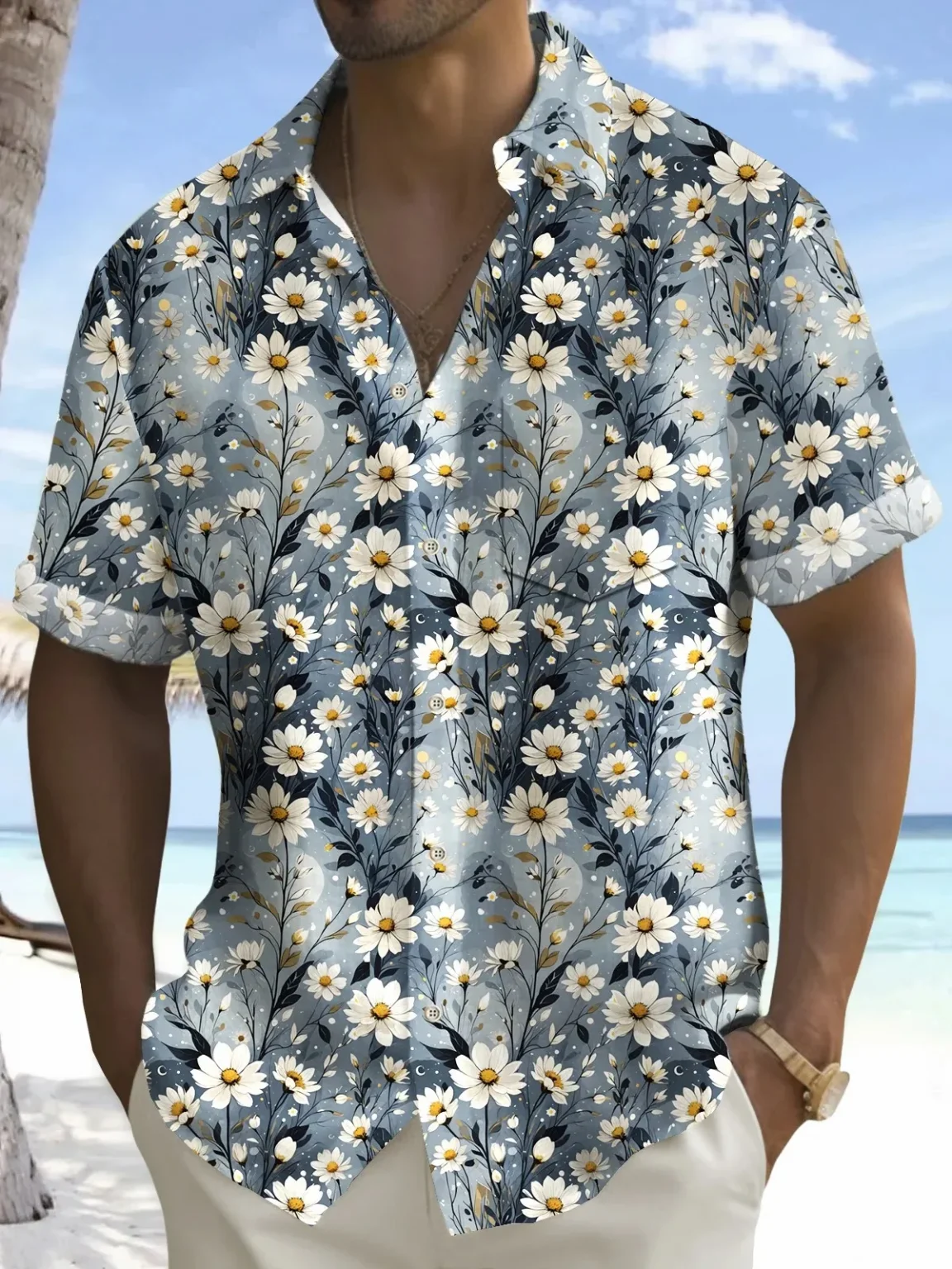 Summer Men's 3D Printed Flower Graphic Shirts Hawaiian Casual Shirt Button Up Shirt Short Sleeve Vacation Beach Wear No Pockets 5