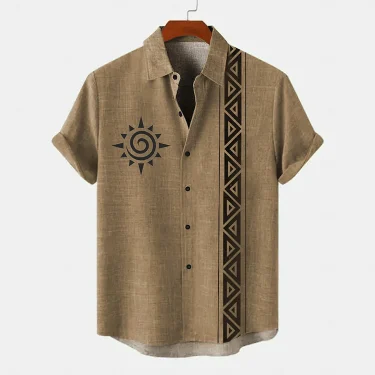 Vintage Men's Shirt Ethnic Pattern Print Short Sleeve Lapel Shirts Summer Fashion Casual Streetwear Male Oversized Clothing 1