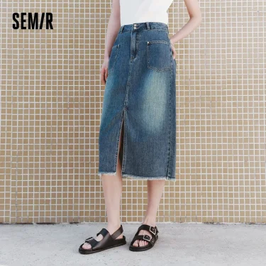 Semir Women High-Waisted Denim Skirt 2025 Summer Split Straight Cut for Casual Daily Look or Weekend Style 2