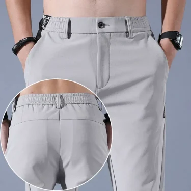 2025 New Summer Ultra-thin Men's Casual Pants Breathable Soft Ice Silk Elastic Straight Business Trousers Black Gray 1