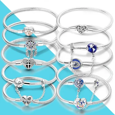 Authentic 925 Silver Snake Chain Clasp Charm Bracelet Fit Original European Bead Pendant Diy 1