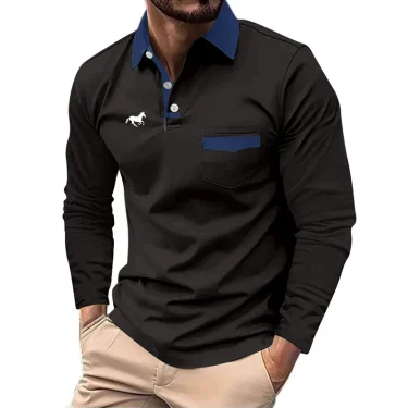 New Spring Autumn Men Clothes Long Sleeve Turn-down Collar Polo Shirt Men Sport Fashion Business Casual Pocket Polo Shirt 2