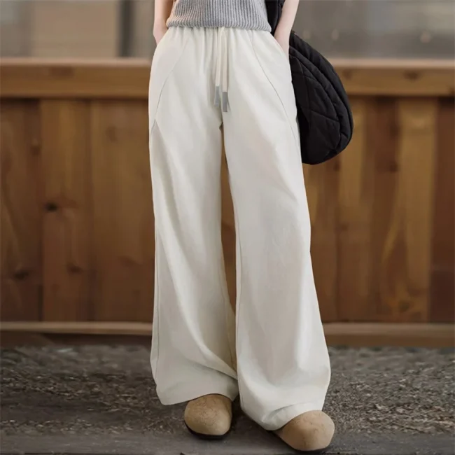 Maden Casual White Cleanfit Pleated Pants Women Elastic Waist Wide Leg Cargo Sweatpants Floor-Length Trousers Versatile Bottoms 2