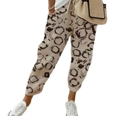 Women Spring Summer Cropped Pants Elastic Waist Drawstring Retro Thin Flower Print Fashion Loose Stripe Pocket Pants 5