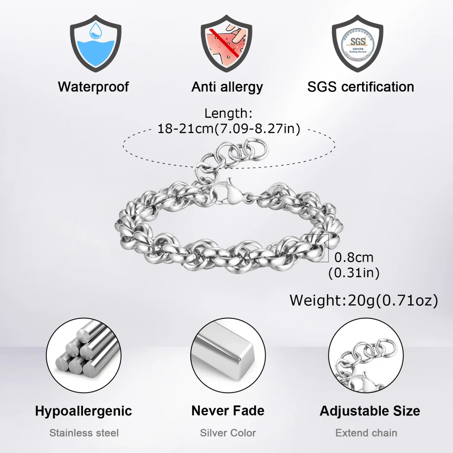 Chunky Twisted Chain Bracelets for Men Boys,Never Fade Stainless Steel Links Wristband,Punk Jewelry Gifts 6