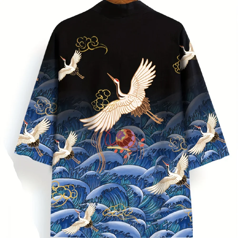 Animal Bird Patterns Crane Waves Asian Traditional Costume Print Kimono Men Women Yukata Haori Harajuku Cosplay Cardigan Costume 3
