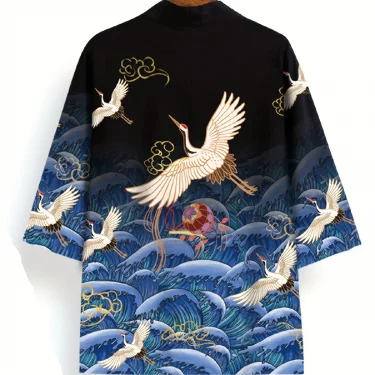 Animal Bird Patterns Crane Waves Asian Traditional Costume Print Kimono Men Women Yukata Haori Harajuku Cosplay Cardigan Costume 3