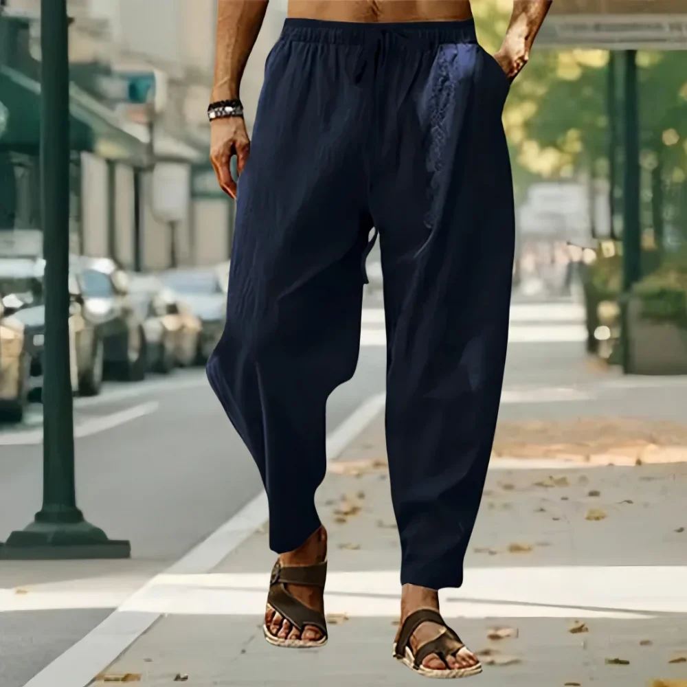 New Men Cotton Linen Pants Summer and Autumn Solid High Waist Wide-Leg Trousers Male Loose Hemp Casual Breathable Sports Pants 4