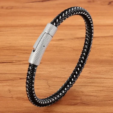 XQNI Punk Threaded Button Metal Weaving Bracelet for Men Women Stainless Steel Twining Classic Style Charm Black High Quality 1
