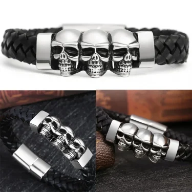 Hyperbole Men Jewelry Black Braided Leather Bracelets Stainless Steel Leahter Bracelets Cool Skull Bracelets Men Bracelet 6