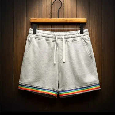 Summer Casual Sports Shorts Men's Fashion Rainbow Color Combination Plus Size Three-quarter Pants Rope Running Training Pants 1