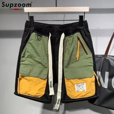 Supzoom New Arrival Summer Loose Casual High Street Trendy Contrast Color Stitching Pocket Personalized Workwear Shorts Men 1