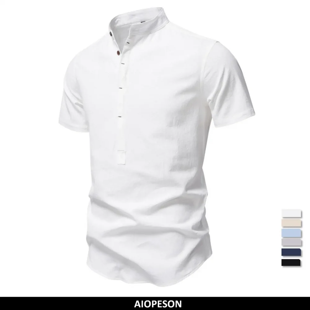 AIOPESON Mens Short Sleeve Solid Color Linen Shirt Turn Down Collar Casual Summer Breathable Comfort Shirt 1