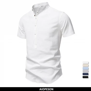 AIOPESON Mens Short Sleeve Solid Color Linen Shirt Turn Down Collar Casual Summer Breathable Comfort Shirt 1