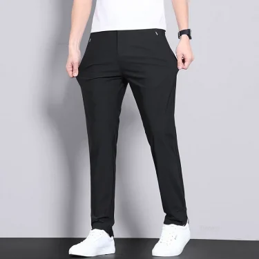 Ultra-thin Elastic Men's Casual Trousers Summer Quick-drying Ice Silk Slim Straight Business Solid Color Trousers Black Gray 5