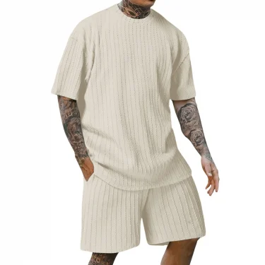 Men's new fashion summer sports solid color crew-neck vertical stripe T-shirt shorts short-sleeved suit 2