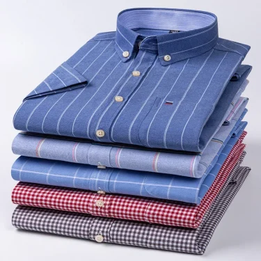 New Men's Social Shirt Short Sleeve 100% Pure Cotton Oxford Soft Buttoned Plaid Formal Male Clothes Pocket Social Shirt S-7XL 2