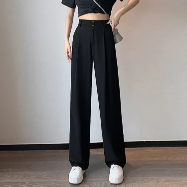 New Spring Summer Loose Wide Leg Pants Women Elegant Pleated High Waist Draped Straight Long Trousers Female Office Suit Pants 4