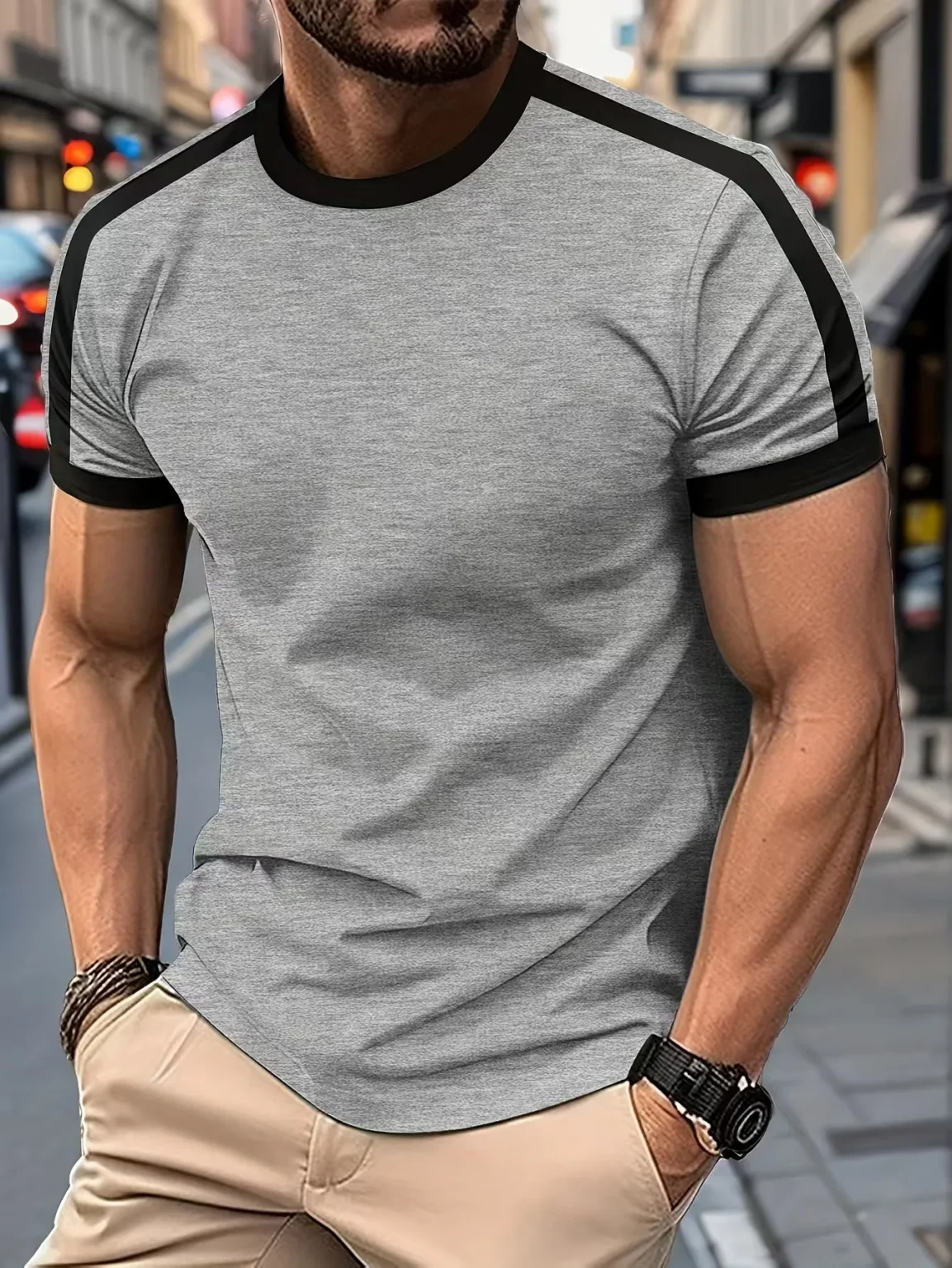 Men's Casual Short-Sleeved European and American Sports Fitness Contrasting Color Men's T-Shirt 2