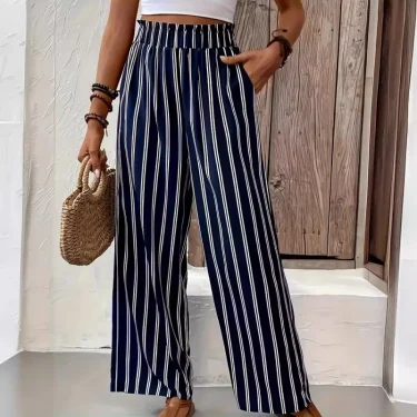 Spring Summer Women's Striped Wide Leg Pants Loose Casual Comfortable Trousers Fashion Elegant High Waist Straight Leg Pants 1