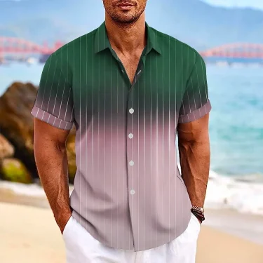 Men's Gradient Striped Printed short-sleeved Shirt 3D Casual Fashion Lapel Top Simple And Handsome Hawaiian 4