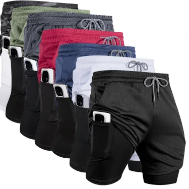Men's 2 in1 Sports Shorts Built-in Pocket Running Shorts Summer Breathable Quick Dry Gym Fitness Training Beach Slim Short Pants 1