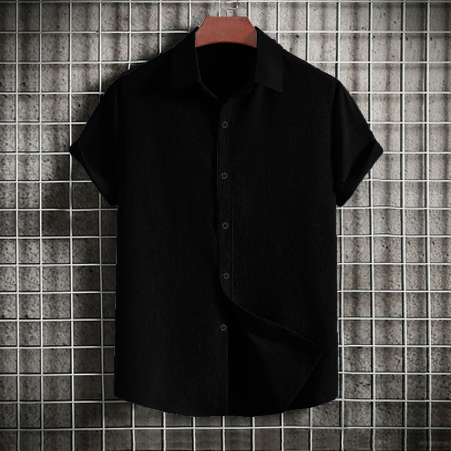Men's casual short-sleeved solid color lapel shirt 5