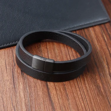Fashion Braided Rope Wrap Black Leather Bracelets for Men Classic Style Stainless Steel Bangle Couple Charm Jewelry Gifts 2