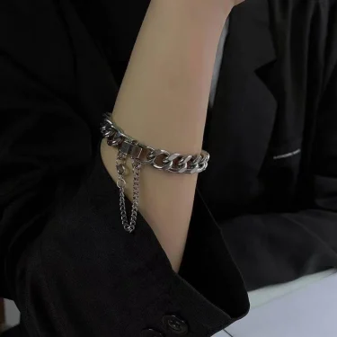Kpop Stainless Steel Metal Chains Bracelets For Women Men Punk Sliver Cuban Link Chain Wristband Bracelet Classic Charms Jewelry 4
