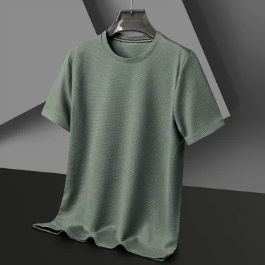 Men's New Summer Waffle round Neck Short Sleeve T-Shirt Comfortable Breathable Short-Sleeved Top for Casual Wear 2