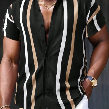 Men'S Striped Printed Shirt Simple And Fashionable Short Sleeved Button Neck Beachwear Commuting Style Men'S Casual Shirt Top 2