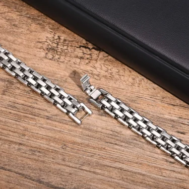 Vnox 11mm Watchband Shaped Chain Bracelet for Men Teens Boys,Strap Chain Bracelets, Black Silver Color Stainless Steel Wristband 5