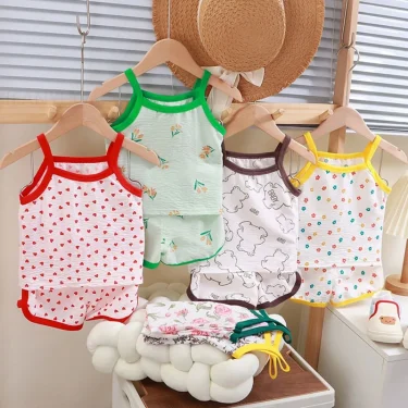 Summer Children Sling Shorts Set Fashion Flower Girls Kids Cotton Thin Breathable Pajamas Cute Cartoon Baby Toddler Home Clothes 1