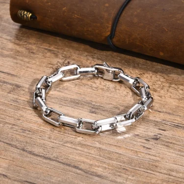 Casual Rectangle Chain Bracelets for Men Boys,Silver Color Stainless Steel Wristband,Punk Anniversary Jewelry Gifts 4