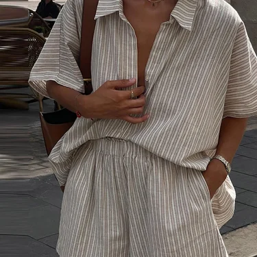 Casual Stripe Shorts Set Women's Loose Single Breasted Half Sleeve Shirt High Waist Short Pant 2025 Summer New Lady Holiday Suit 3