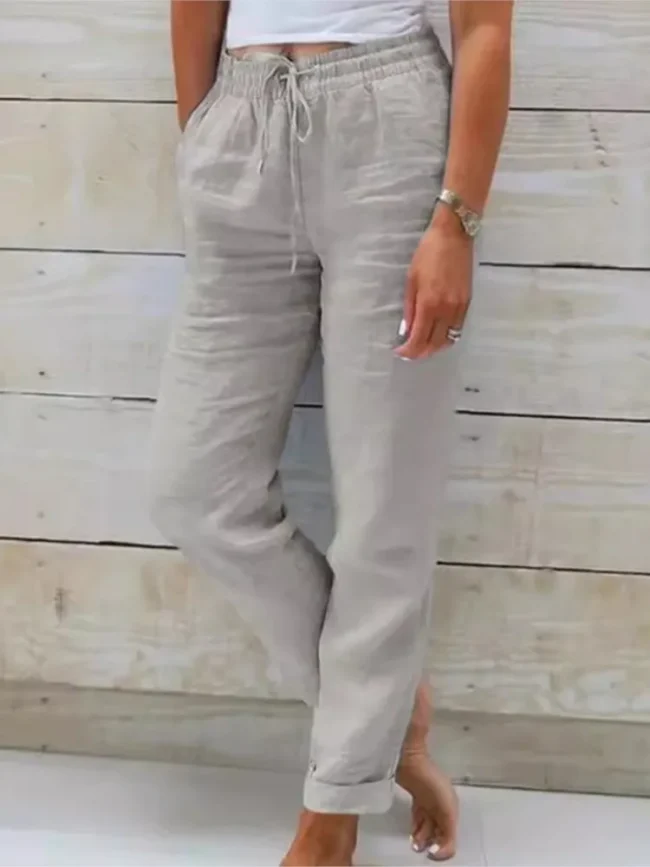 Women's High Waist Solid Color Cotton Linen Casual Pants Fashion Summer Female Holiday Casual Long Pant New 4