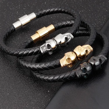 Hyperbole Men Jewelry Black Braided Leather Bracelets Stainless Steel Leahter Bracelets Cool Skull Bracelets Men Bracelet 4
