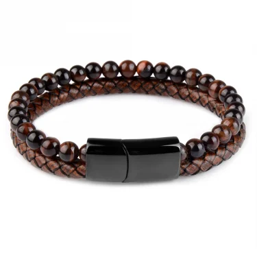 Natural Stone Bracelet Genuine Leather Braided Bracelets Black Stainless Steel Magnetic Clasp Tiger eye Bead Bangle Men Jewelry 4
