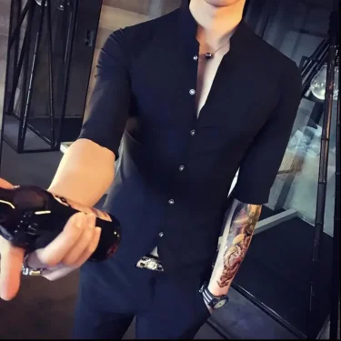 Men's Stand-up Collar Shirt Summer New Men's Fashion Slim Korean Half Sleeve High Quality Summer Short Sleeve Shirt 4