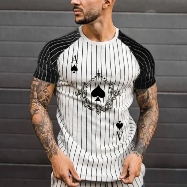 Poker Spade and King Summer Hot Sales Men's Vertical Striped T-shirt Round Neck Fashion Short Sleeve Street Wear 3