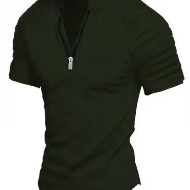 Men's POLO Shirt Spring Sports Solid Color Standing Collar Pleated Zipper Breathable Casual Summer Fashion Top Short Sleeve 2