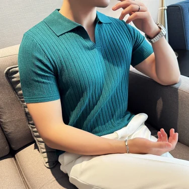 Men Striped Polo Shirt 2024 Summer Light Thin Breathable Solid Casual Elastic Slim Fit Short Sleeved V-neck T-shirt Men Clothing 1