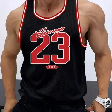 USA Chicago No.23 Printed Vest Top Men's Loose Speed Dry Black and White Sleeveless Running Playing and Exercise Tank Top Vest 1