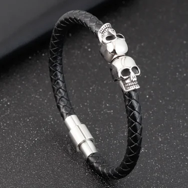 Hyperbole Men Jewelry Black Braided Leather Bracelets Stainless Steel Leahter Bracelets Cool Skull Bracelets Men Bracelet 2