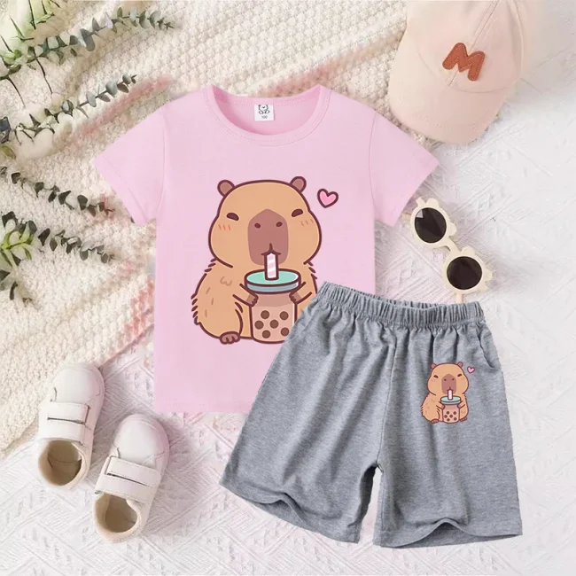 Capybara Baby T-Shirt Shorts Suit Boys Girls Summer Clothes Outfit Tracksuit Cartoon Anime Printed Tees Kids Pajamas Sets Gift 2