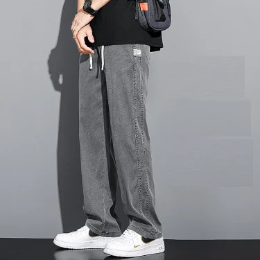 Spring/Summer New Soft Lyocell Fabric Men's Jeans Thin Loose Straight Leg PantsDrawstring Elastic Waist Korean casual pants 3