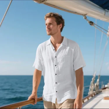 Men's Summer Hawaiian Casual Short-Sleeved Shirt Retro Cotton Linen Comfortable Breathable Solid-Color Pocket Lapel Shirt Top 1