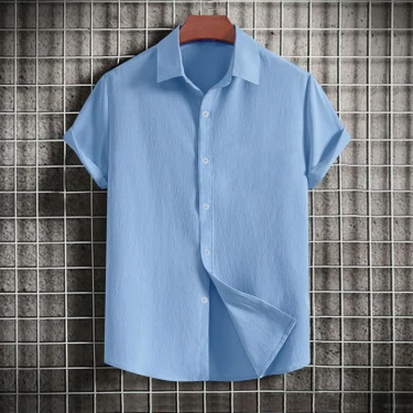 Men's casual short-sleeved solid color lapel shirt 1